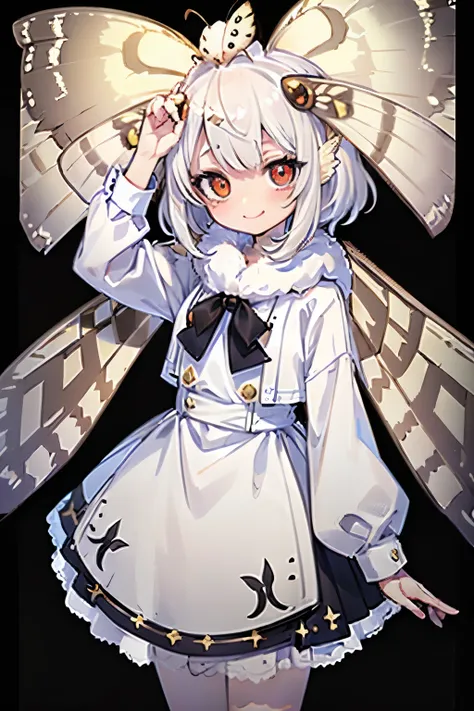 solo,1woman\(cute,kawaii,small kid,skin color white,short white hair,(big moth wing on head:1.7),white dress\(beautiful race\),1moth antennae,smile,[moth wing on back:2.0],[moth wing on body:2.0],[moth wings:2.0],[extra arm],moth wing only on head\),backgr...