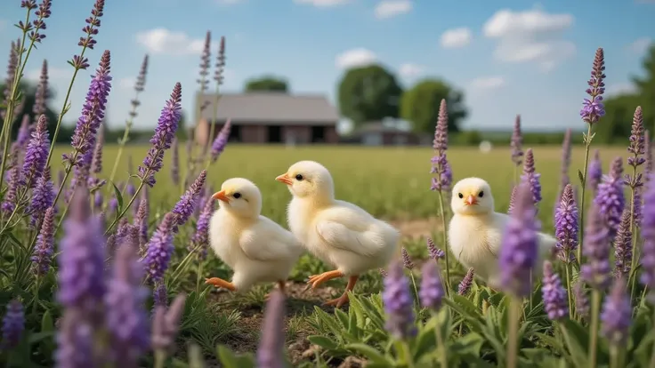 In a pastoral farm landscape, a field of Salvia leucantha (Mexican bush sage) is in full bloom with clusters of vibrant purple flowers.
Among the blossoms, three fluffy yellow chicks are playfully moving around, their bright feathers creating a striking co...