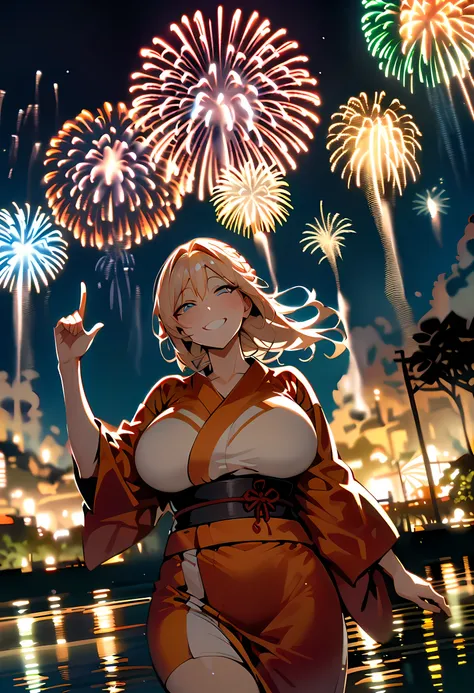 score_9_up,score_8_up,score_7_up,score_6_up,score_5_up,score_4_up,(((1 girl))),(( yukata )),(pekomama),(((milf))), thick eyebrows, droopy eyes,(((big smile ))),(((mature female))),(((open eyes))),(((point at above))), fireworks,outdoor ,riverside ,at night...