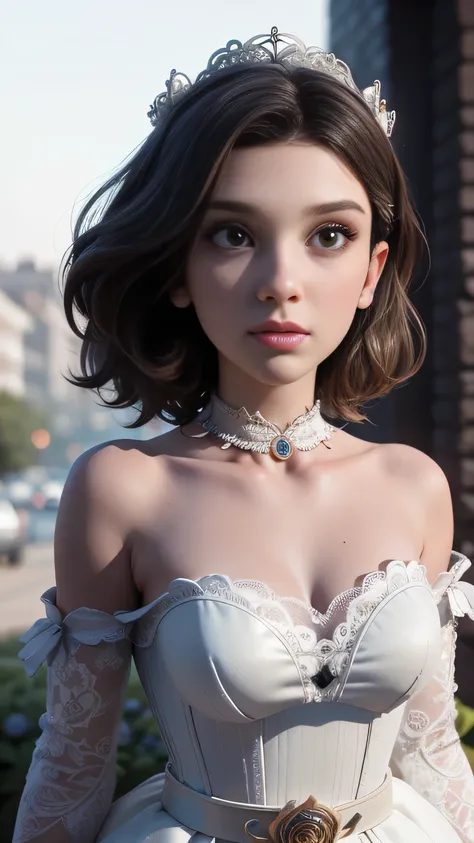 RAW digital art, portrait, ultra-realistic 3D render of a stunning woman resembling Millie Bobby Brown, ((highly detailed face:1.3)), flawless skin texture, expressive eyes with subtle reflections, soft shadows and cinematic studio lighting, Pixar-inspired...