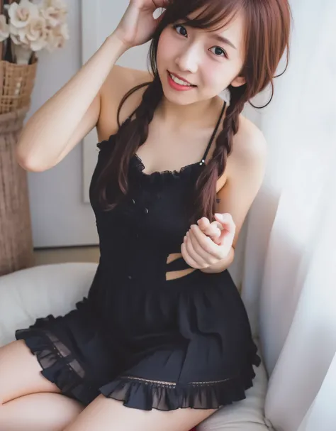 high school girl, very cute girl, angelic smile,
BREAK, dark brown hair, side braids, long hair, thin hair, promo art with expressive hair, dynamic hair,
BREAK, sleeveless dress, black gothic dress, cute dress with lots of ruffles, especially short skirt,...