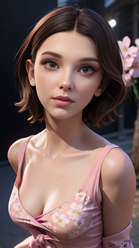RAW digital art, portrait, ultra-realistic 3D render of a stunning woman resembling Millie Bobby Brown, ((highly detailed face:1.3)), flawless skin texture, expressive eyes with subtle reflections, soft shadows and cinematic studio lighting, Pixar-inspired...