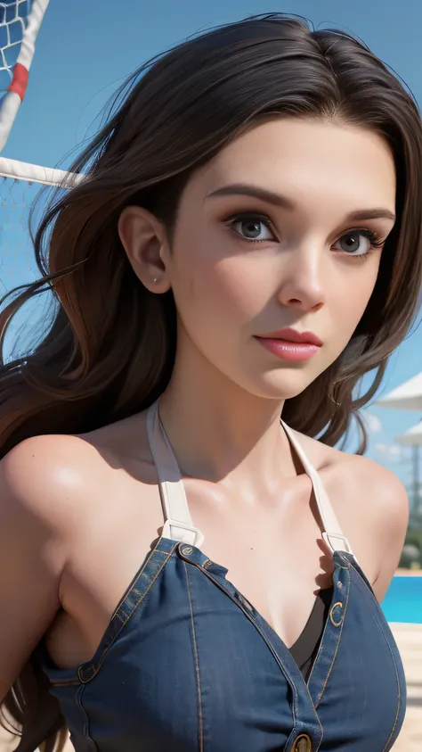 RAW digital art, portrait, ultra-realistic 3D render of a stunning woman resembling Millie Bobby Brown, ((highly detailed face:1.3)), flawless skin texture, expressive eyes with subtle reflections, soft shadows and cinematic studio lighting, Pixar-inspired...