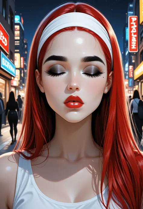 night sky, city street, perfect face, straight hair, lightest red hair, white headband, black eyebrows, thick eyebrows, black eyelashes, black eyeshadows, black eyeliners, closed eyes, bright red lips, thick lips, kiss lips, beautiful woman, white tank top