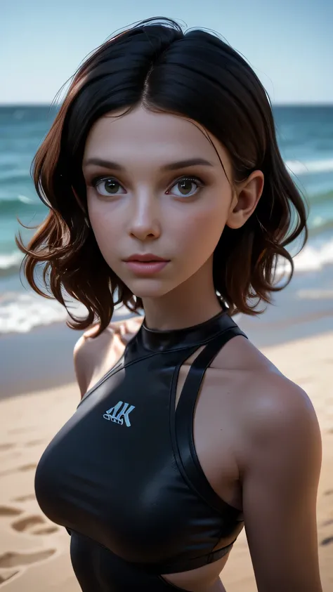 RAW digital art, portrait, ultra-realistic 3D render of a stunning woman resembling Millie Bobby Brown, ((highly detailed face:1.3)), flawless skin texture, expressive eyes with subtle reflections, soft shadows and cinematic studio lighting, Pixar-inspired...