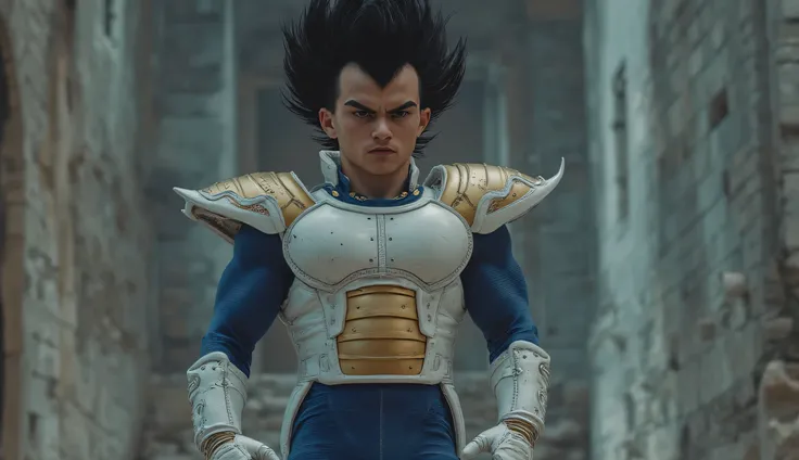 Ultra-photorealistic photograph of a warrior dressed as Vegeta (serious, defined face, arched eyebrows, piercing, narrow eyes, tall, spiked black hair) (wearing combat armor: a white vest with gold details, skintight, long white gloves, white boots with go...