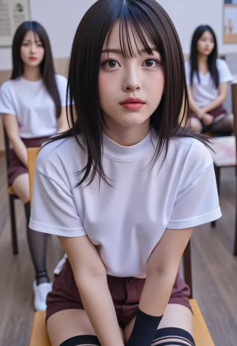 masterpiece, best quality:1.2,1girl,solo,perfect face,natural light,upper body,soft light,realistic,close-up portrait,minami_hamabe,傑作}}, {{最高品質}}, {{最大サイズの画像}}, {{高解像度}, {フォトリアリスティック}, (生写真}, {非常に精細な顔}}, {{統一8K壁紙)),{教室で}, {黒のニーハイソックス, ガーターストラップ}, {{白いタートル...