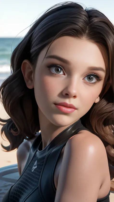 RAW digital art, portrait, ultra-realistic 3D render of a stunning woman resembling Millie Bobby Brown, ((highly detailed face:1.3)), flawless skin texture, expressive eyes with subtle reflections, soft shadows and cinematic studio lighting, Pixar-inspired...