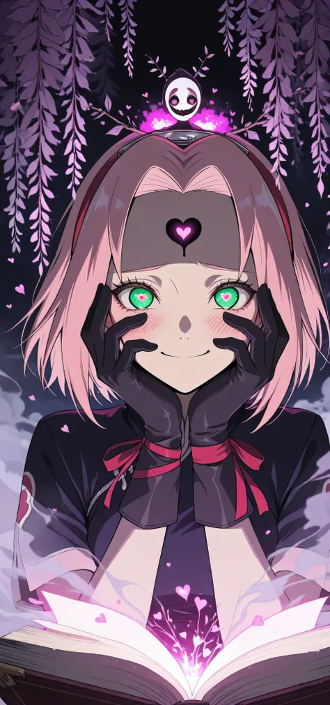 (Masterpiece:1.2, best quality), (beautiful eyes exquisite and detailed: 1.2), (beautiful detailed face, good_hands), a girl, Haruno Sakura, heart-shaped eyes, with his hands holding his cheeks, on top of the head are many hearts (Showing Love), ghostly sm...