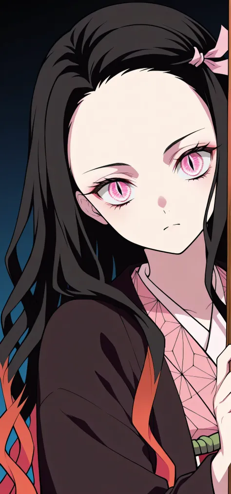 nezuko kamado, black hair, forehead, hair ribbon, long hair, multicolored hair, pink eyes, orange hair, slit pupils, wavy hair, two-tone hair,,