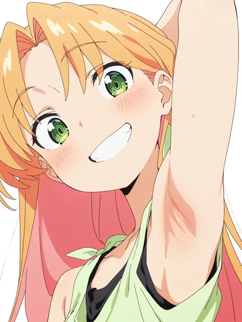 masterpiece, best quality, amazing quality, anime screencap, anime coloring, 1girl, solo, ruri tanigawa, bare shoulders, green shirt, black tank top, long hair, blonde hair, green eyes, pink hair, multicolored hair, orange hair, parted bangs, colored inner...