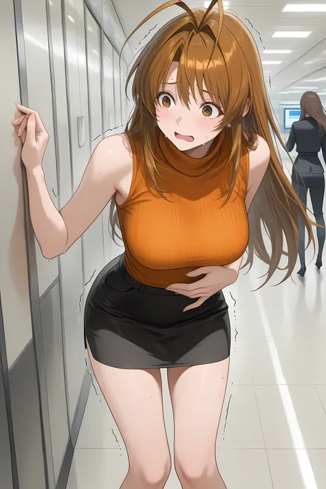 naru narusegawa, long hair, brown hair, antenna hair, brown eyes,,skirt, sleeveless, miniskirt, turtleneck, orange turtleneck, sleeveless turtleneck,,general, masterpiece, highres, ultra-detailed, hyper-detailed, best quality, amazing quality, very aesthe...