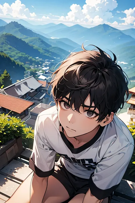 Adult Male　30 years old　handsome guys　short hair　dark haired　　　whiteｔshirt　　White Shorts　白のknee-length shorts　　Mega Bulge　　Look up a little bit and look doubtful　　　　　The gaze is directed far away　　summer resort　 Plateau　 Resort　the background is a beautifu...