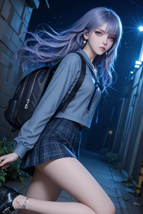 The image depicts a highly detailed and fantastical female character with striking features. She has long, flowing hair. Detailed background, dutch_angle, from the side, ((Grunge)), a school girl wearing a grey and violet uniform, and a medium backpack, sp...
