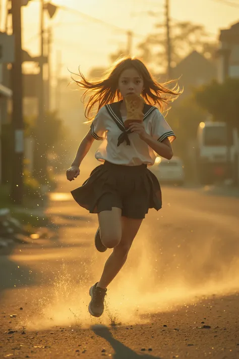 Photorealistic morning scene: [A young woman in school uniform is running with a slice of toast clenched in her mouth], hair and skirt fluttering, her shoes striking the ordinary paved road, kicking up a faint trail of dust that sparkles in the sunlight. G...