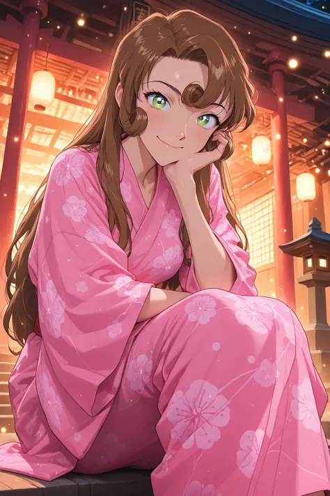 1girl  cute, close up of  kudou yukiko, long hair, brown hair, multiple hair circles, looking at viewer with gentle cheerful smile, wearing pink gorgeous yukata, sitting gracefully on a shrine, kawaii, cozy atmosphere, glowing particles floating, 