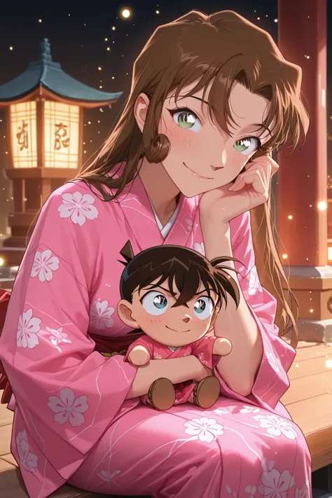 1girl  cute, close up of  kudou yukiko, long hair, brown hair, looking at viewer with gentle cheerful smile, wearing pink gorgeous yukata, sitting gracefully on a shrine, kawaii, cozy atmosphere, glowing particles floating, one large doll shaped like shy c...