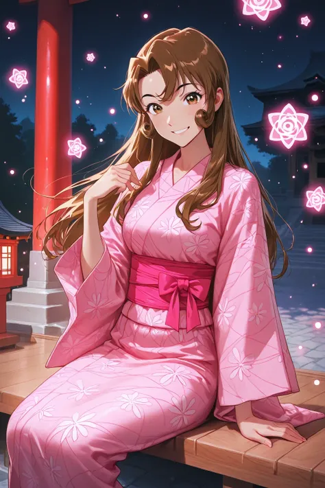 1girl  cute, kudou yukiko, long hair, brown hair, looking at viewer with gentle cheerful smile, wearing pink gorgeous yukata, sitting gracefully on a shrine, kawaii, cozy atmosphere, magical particles floating, 