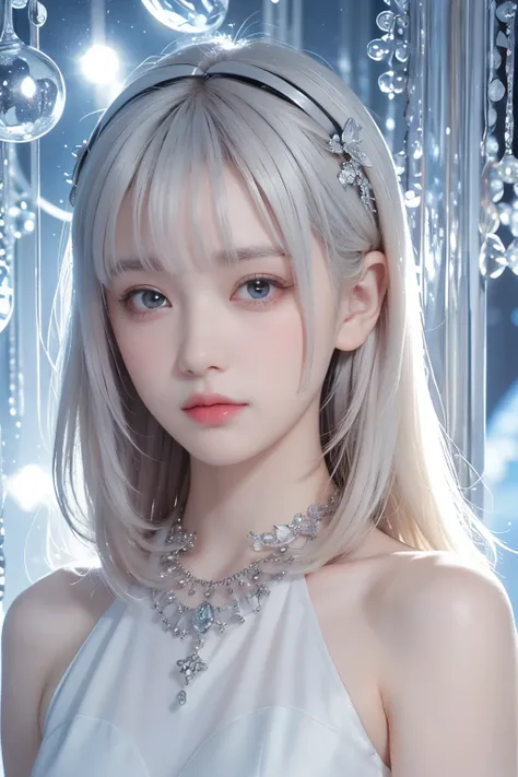 (Beautiful woman with fair skin), (sad and pensive expression), clear light blue eyes, (medium-length, almost straight, silvery white hair), close-up, portrait, (cool-colored shirt), (slim figure), small ice necklace, (cold ice world in cool colors), frost...