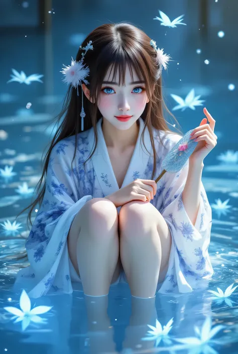 ((I'm wearing a yukata、Witches))、((The body is luminescent))、((a girl floating up)),Yu Shui Xian 、 1girl 、 water 、 solo 、 Barefoot 、 dress 、 squatting 、 hair ornaments 、 hug 、 see the viewer 、 gem 、 blue eyes、 holding a fans、Full Body、brown hair、long hair、...