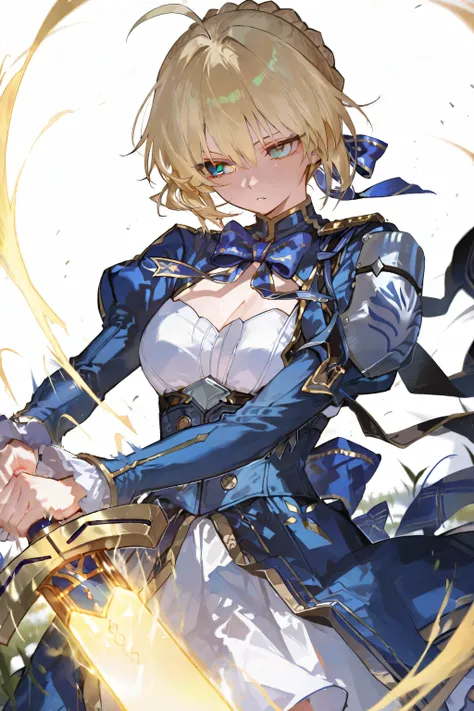 score_9, score_8_up, score_7_up, masterpiece, saber \(honkai star rail\) \(fate\), 1girl, green eyes, saber \(fate\), blonde hair, ahoge, dress, blue ribbon, white background, breasts, ribbon, long sleeves, braid, hair bun, shoulder armor, puffy sleeves, ...