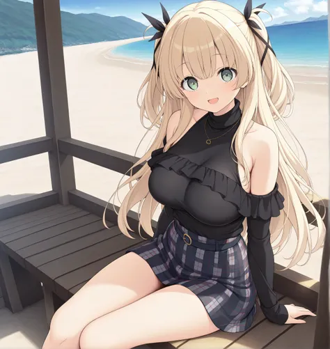 masterpiece, best quality, highres, scenery, newest, 1girl, official style, ren, blonde hair, green eyes, two side up, hair_ribbon, black sweaters, plaid skirt, looking at viewer, open smile, outside, fully shoulders, normal breasts, cute face, sit beach,