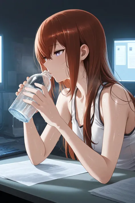 best quality, ultra highres, RAW photo, Makise Kurisu, flowing red-brown hair, white tank top, sweat glistening on skin, drinking water eagerly, exposed shoulders and neck, subtle curves visible through fabric, humid atmosphere, messy desk with scientific ...