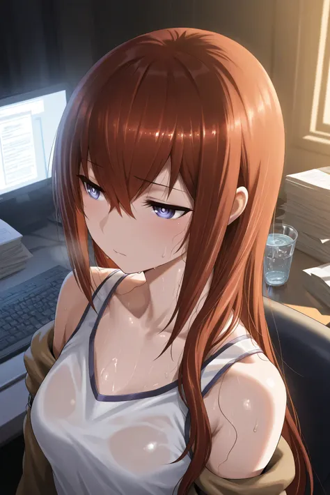 best quality, ultra highres, RAW photo, Makise Kurisu, flowing red-brown hair, white tank top, sweat glistening on skin, drinking water eagerly, exposed shoulders and neck, subtle curves visible through fabric, humid atmosphere, messy desk with scientific ...