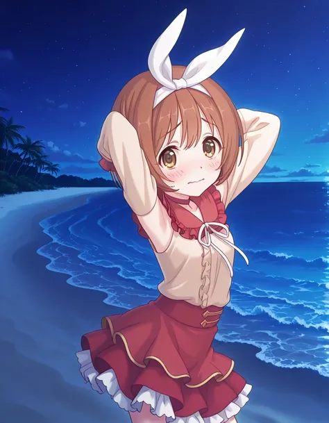 rlpkrmi, short hair, brown hair, hairband, hair ribbon, brown eyes,
white ribbon, frilled shirt collar, red collar, beige shirt, long sleeves, red skirt, frilled skirt, white frills, anime screencap, high quality, solo, night sky, beach, armpits, (hands be...