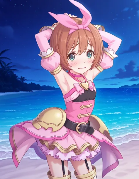 pcrkrmi, short hair, brown hair, hairband, hair ribbon, blue eyes, pkrmdef, halterneck, pink collar, black shirt, pink dress, bare shoulders, detached sleeves, puffy sleeves, bracelet, bridal gauntlets, black belt, garter straps, thighhighs, thigh boots, a...