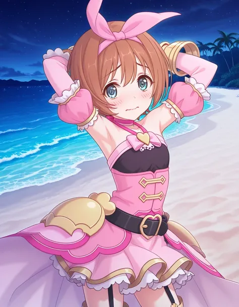 pcrkrmi, short hair, brown hair, hairband, hair ribbon, blue eyes, pkrmdef, halterneck, pink collar, black shirt, pink dress, bare shoulders, detached sleeves, puffy sleeves, bracelet, bridal gauntlets, black belt, garter straps, thighhighs, thigh boots, a...