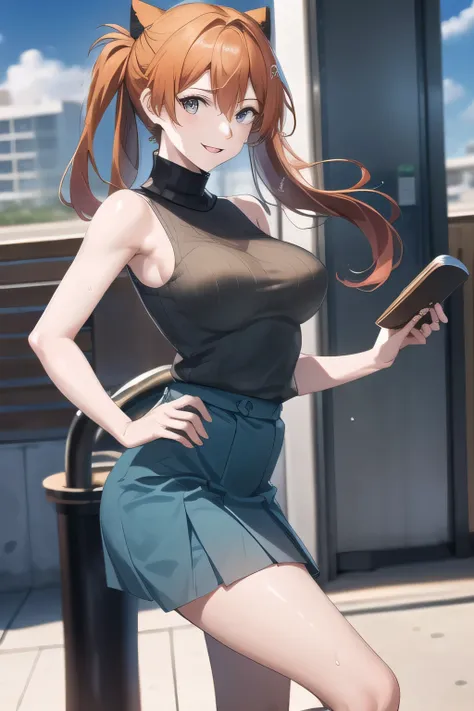  can you draw a pink sleeveless sweater，woman wearing dark blue pleated miniskirt，wears 2 high long socks on both legs，boots， Wet and sharp nipples，black sleeveless sweater next to urinal，         beautiful smiling woman          ，，brown hair，can you draw ...