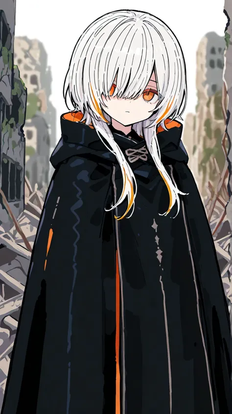 detailed,super fine illustration,748cmstyle,1girl,hair over one eyes,looking at viewer,white hair with orange highlights,orange eyes,standing,wolf cut hair,long hair,black cloak,blurry background,post apocalypse,loli,upper body