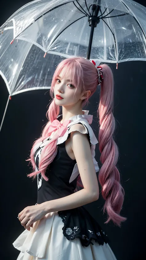A hyper-realistic portrait of Perona from One Piece as if she exists in the real world, ultra detailed, lifelike textures, delicate porcelain-like skin with a soft pale tone, big expressive eyes with a glassy shine, long pastel pink hair styled in twin tai...