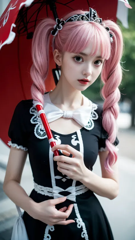 A hyper-realistic portrait of Perona from One Piece as if she exists in the real world, ultra detailed, lifelike textures, delicate porcelain-like skin with a soft pale tone, big expressive eyes with a glassy shine, long pastel pink hair styled in twin tai...