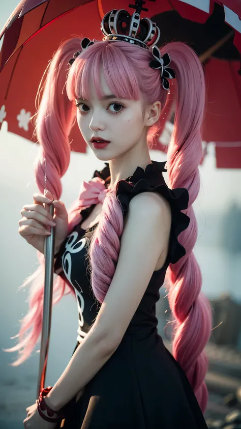 A hyper-realistic portrait of Perona from One Piece as if she exists in the real world, ultra detailed, lifelike textures, delicate porcelain-like skin with a soft pale tone, big expressive eyes with a glassy shine, long pastel pink hair styled in twin tai...