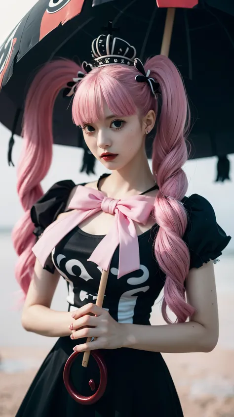 A hyper-realistic portrait of Perona from One Piece as if she exists in the real world, ultra detailed, lifelike textures, delicate porcelain-like skin with a soft pale tone, big expressive eyes with a glassy shine, long pastel pink hair styled in twin tai...
