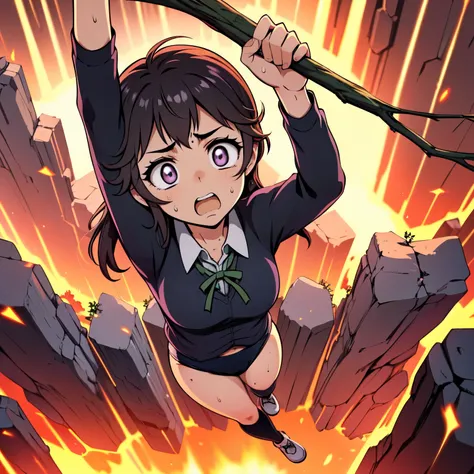 masterpiece,best quality,highly detailed,1girl,solo,scared,raised eyebrows,constricted pupils,surprised,clenched teeth,sweat,sweatdrop,purple eyes,black hair,long hair,lycoris uniform,green ribbon,long sleeves,black gymnastics bloomers,high leg,self wedgie...