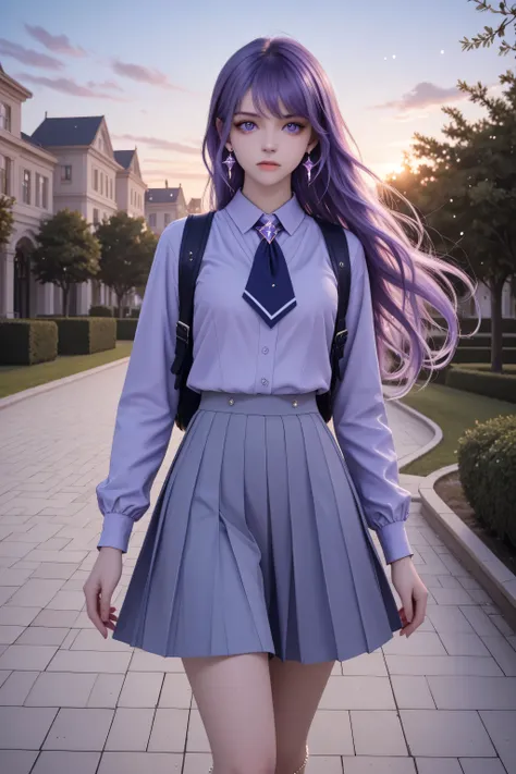 The image depicts a highly detailed and fantastical female character with striking features in the school yard. She has long, flowing hair. The school girl wearing a grey and violet uniform, medium-sized violet backpack, sparkling gemstone earrings, a silv...