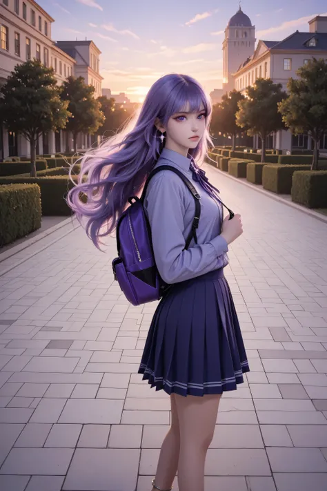 The image depicts a highly detailed and fantastical female character with striking features in the school yard. She has long, flowing hair. The school girl wearing a grey and violet uniform, medium-sized violet backpack, sparkling gemstone earrings, a silv...