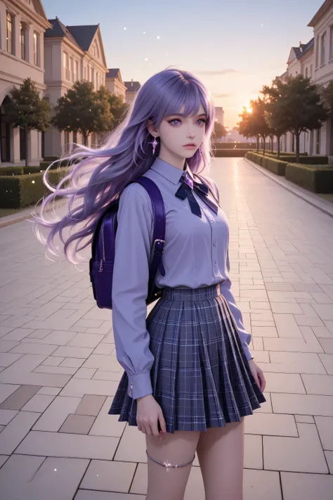 The image depicts a highly detailed and fantastical female character with striking features in the school yard. She has long, flowing hair. The school girl wearing a grey and violet uniform, medium-sized violet backpack, sparkling gemstone earrings, a silv...