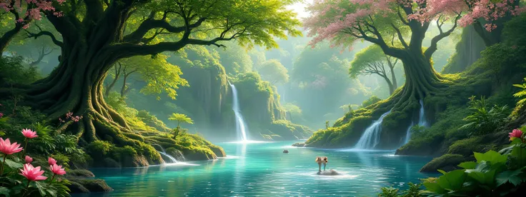 “Ultra-realistic fantasy forest photoshoot, captured from inside a lush enchanted jungle. In the foreground, vibrant pink lotus-like flowers bloom along the riverbanks, with mossy rocks and fallen branches resting on the damp ground. The turquoise-blue wat...