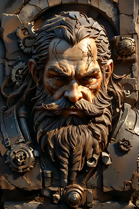 Close-up portrait of the Dulac King Trollkiller, depicted as a **mechanical statue of a male dwarf**. This **dwarf mechanical statue** is massive, rugged, and strong in appearance. It is in a tragically broken and weathered state, with emphasis on the uppe...