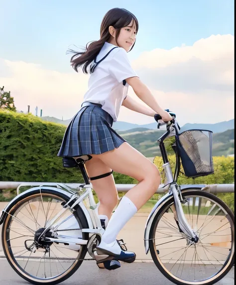 ( high school girl with a steering wheel straddles a bicycle saddle、Japanese high school students)、short sleeve white shirt、 Bicycle Saddle and Handlebar 、 A 、 plaid pleated mini skirt with handle 、(cute girl with good taste、girl like a boy、boyish)、shor...