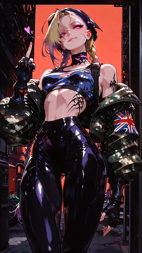 (masterpiece, detailed:1.2),SanijSimpface, heart shaped eyes, ,hair over one eye,,eye-pop-out, popping eyes, eye popping out,tonque out, ,fmuc,Cammy White,long hair, eyes, blonde hair, antenna hair, , bare shoulders, braid, fingerless gloves, twin epic lo...