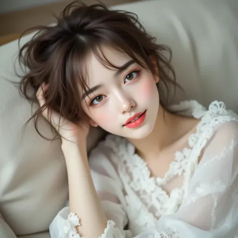 ((girl lying on sofa bed)),((Highest Quality、masterpiece、high sensitivity、high resolution、detailed description、Delicate Facial Expression、Fvalue:6.0))、((slender woman))、advanced digital art、white lace blouse、Tulle Skirt、long legs、(girl lying on sofa)、happy...
