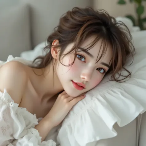 ((girl lying on sofa bed)),((Highest Quality、masterpiece、high sensitivity、high resolution、detailed description、Delicate Facial Expression、Fvalue:6.0))、((slender woman))、advanced digital art、white lace blouse、Tulle Skirt、long legs、(girl lying on sofa)、happy...