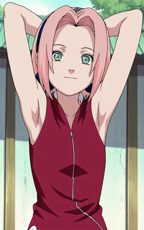 masterpiece, best quality, amazing quality, anime screencap, anime coloring, 1girl, solo, haruno sakura, flat chest, pink hair, short hair, green eyes, red shirt, red qipao, zipper, sleeveless, arms behind head, armpits, armpits focus, head towards viewer,...