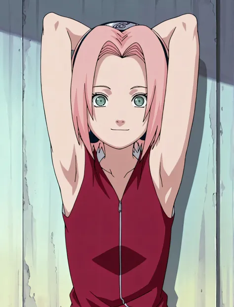 masterpiece, best quality, amazing quality, anime screencap, anime coloring, 1girl, solo, haruno sakura, flat chest, pink hair, short hair, green eyes, red shirt, red qipao, zipper, sleeveless, arms behind head, armpits, armpits focus, head towards viewer,...