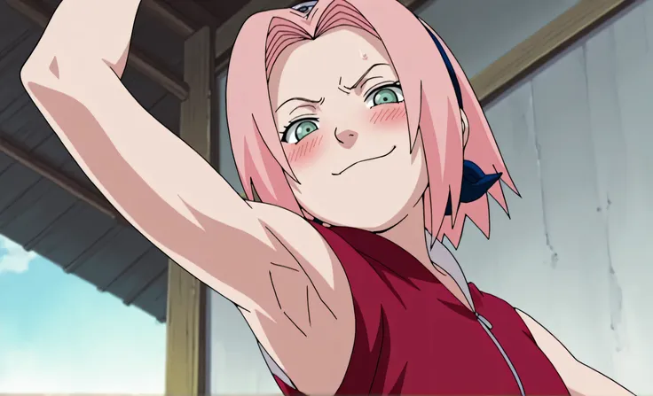 masterpiece, best quality, amazing quality, anime screencap, anime coloring, 1girl, solo, haruno sakura, flat chest, pink hair, short hair, green eyes, red shirt, red qipao, sleeveless, arm up, raised arm, armpit, armpit focus, head towards viewer, looking...